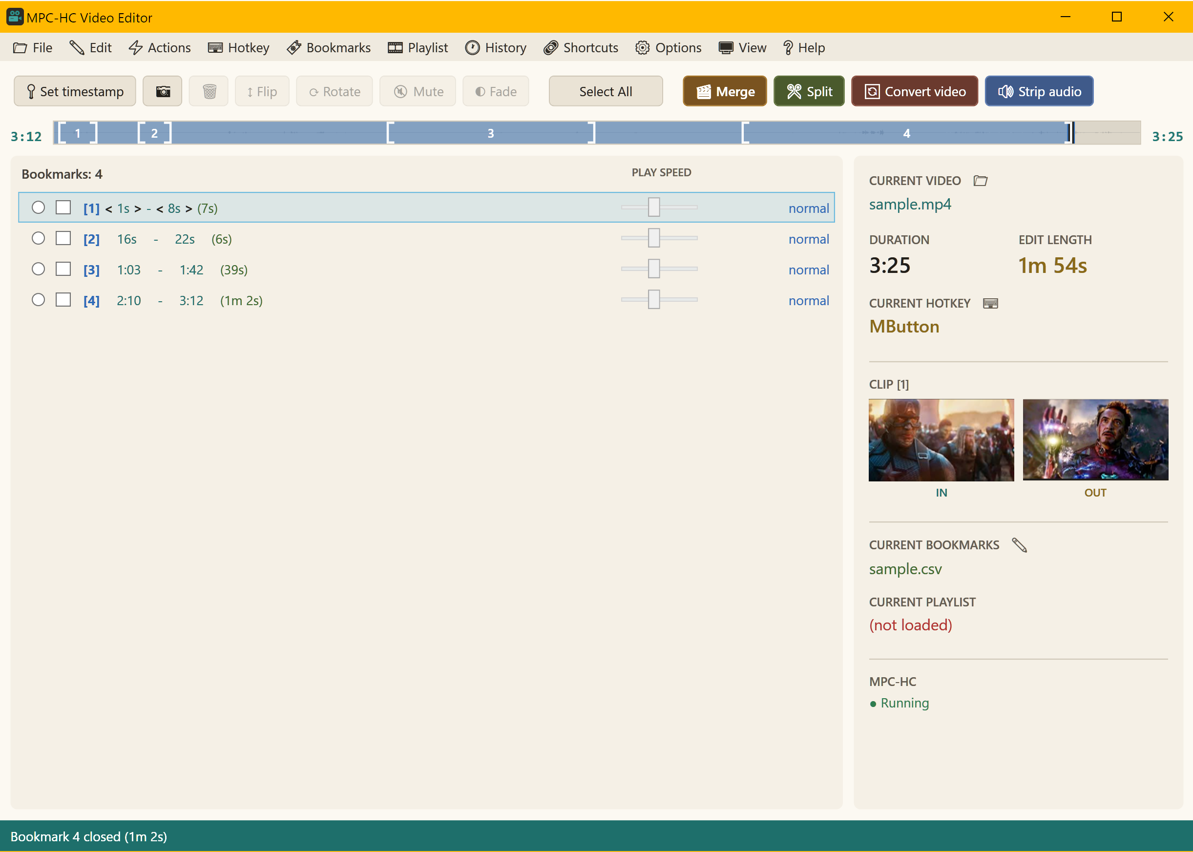 The main window on the Parchment theme, showing four bookmarked clips with their times, durations and speed sliders, the timeline with a bracket at each end of every cut, and the first and last frame of the selected clip