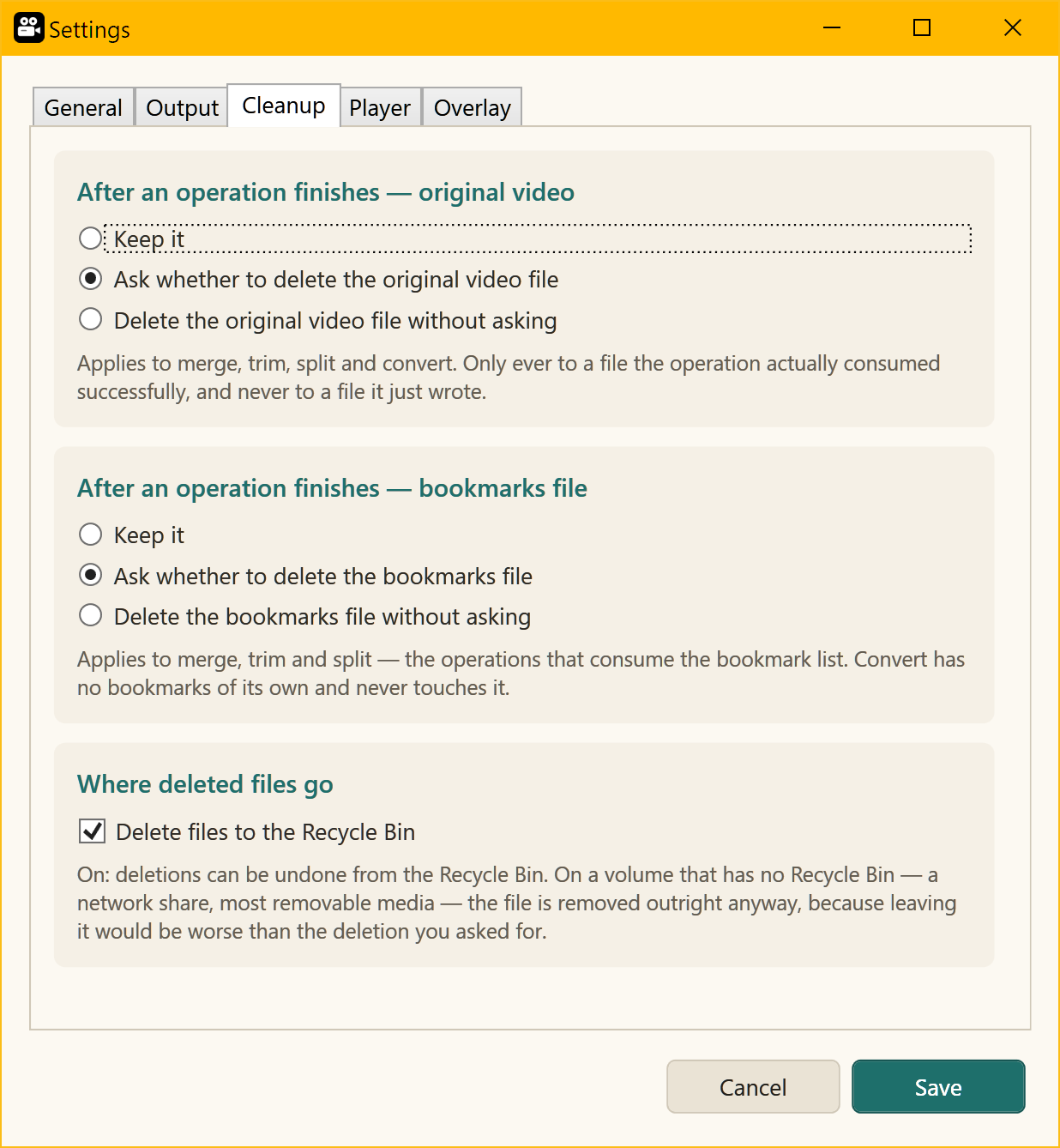 The Cleanup tab, showing what happens to the original video and the bookmarks file after an operation, and the Recycle Bin option