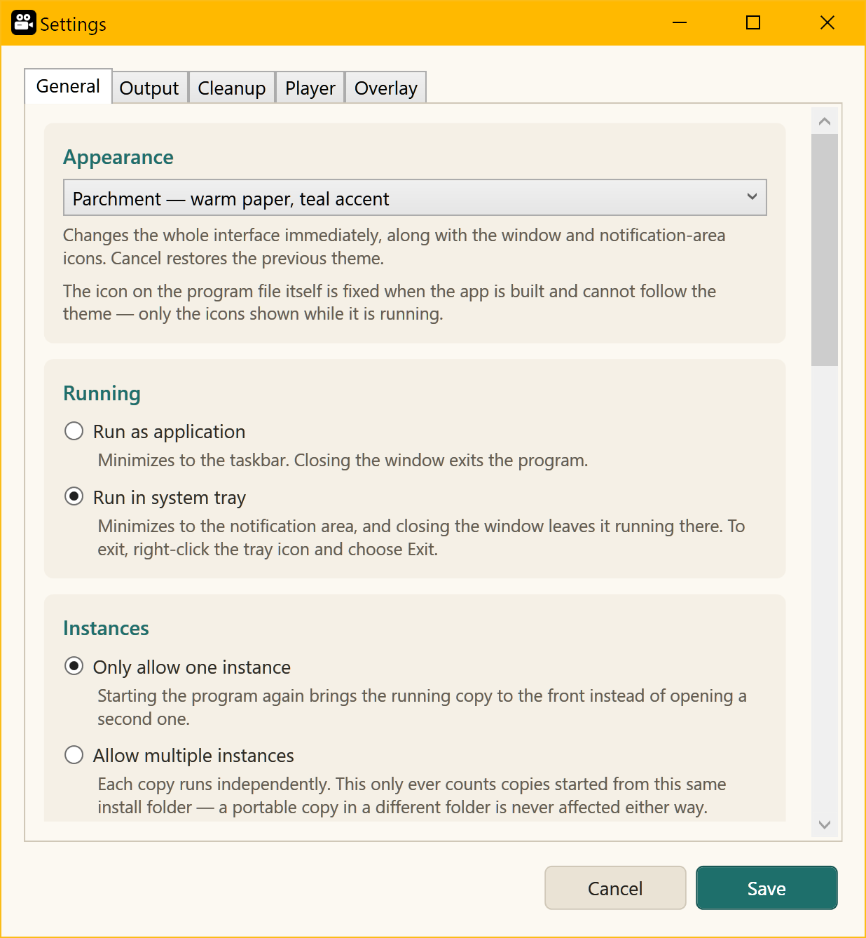 The Settings window on the General tab, showing the color theme picker, the run mode and the single-instance options