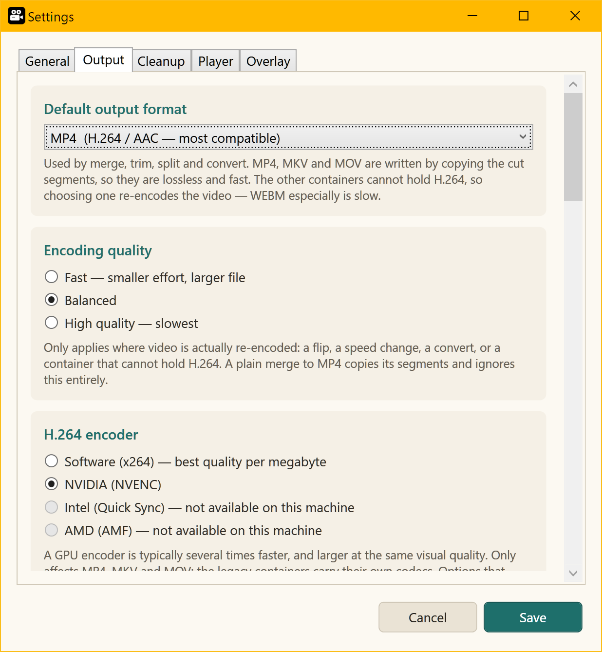 The Output tab, showing the default output format, the encoding quality and the H.264 encoder choice with unavailable GPU encoders grayed out