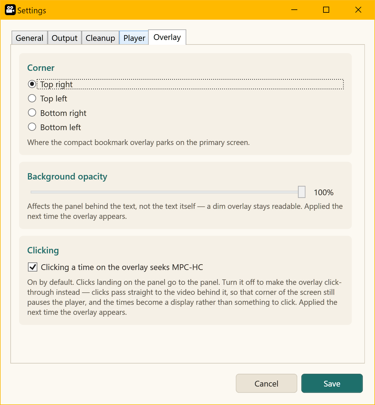 The Overlay tab, showing the corner the compact overlay parks in and its background opacity