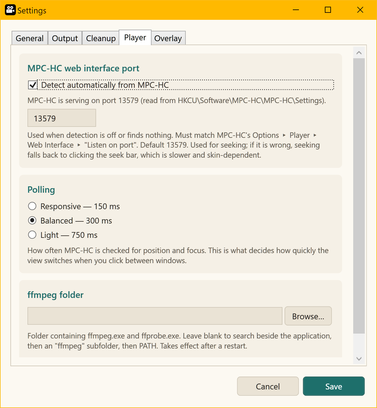 The Player tab, showing the detected MPC-HC web interface port, the polling speed and the ffmpeg folder